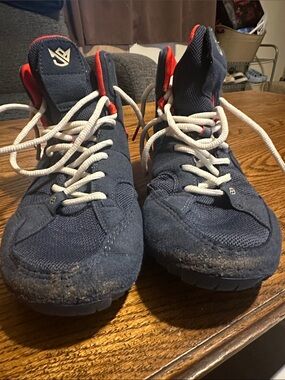 Navy Blue Wrestling Shoes | High-Top | Red & White